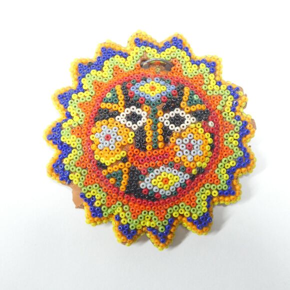 Beaded Sun Plaque Clay Huichol Mexican Folk Art Vintage 3" Small AS IS - Picture 1 of 9